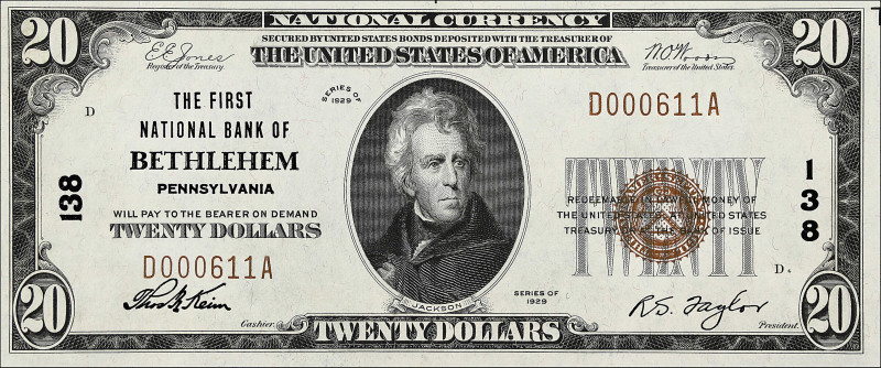 Bethlehem, Pennsylvania. $20 1929 Ty. 1. Fr. 1802-1. The First NB. Charter #138....