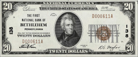 Bethlehem, Pennsylvania. $20 1929 Ty. 1. Fr. 1802-1. The First NB. Charter #138. Choice Uncirculated. 

Bright paper.

Estimate: $150.00- $250.00