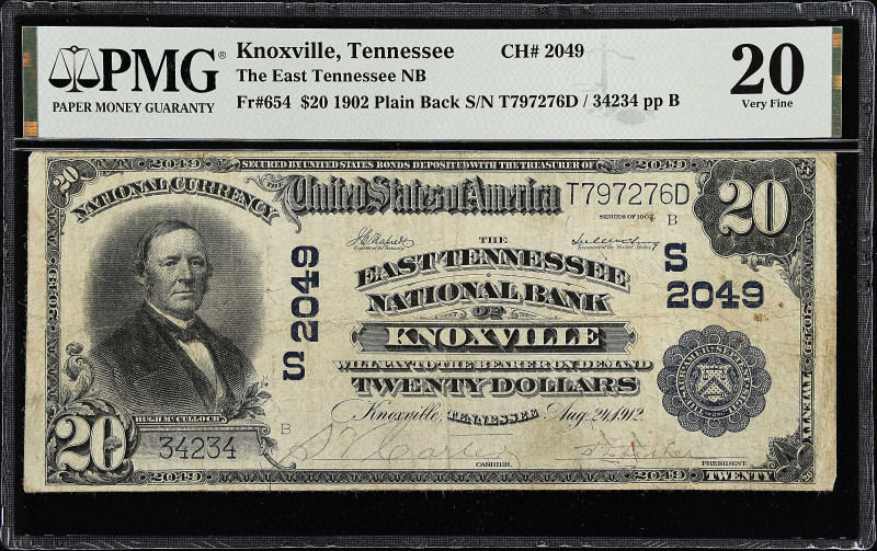 Knoxville, Tennessee. $20 1902 Plain Back. Fr. 654. The East Tennessee NB. Chart...