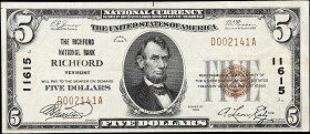 Richford, Vermont. $5 1929 Ty. 1. Fr. 1800-1. The Richford NB. Charter #11615. Very Fine.

According to Track & Price, this is the only Type 1 $5 av...