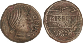 As. 220-20 a.C. OBULCO (PORCUNA, Jaén). Anv.: Cabeza femenina a derecha delante OBVLCO. Rev.: arado a derecha, debajo espiga y letra ibérica Ta, entre...