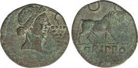 As. 50 a.C. ORIPPO (DOS HERMANAS, Sevilla). Anv.: Cabeza femenina a derecha, delante racimo de uvas. Rev.: Toro a derecha, encima creciente, debajo OR...
