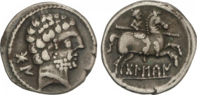 Denario. 180-20 a. C. BOLSCAN (HUESCA). Anv.: Cabeza masculina barbada a derecha, detrás letras ibéricas BoN. Rev.: Jinete con lanza a derecha, debajo...
