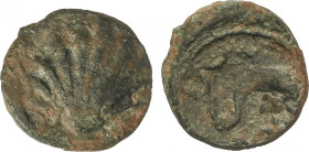 Sextante. 170-20 a.C. ARSE (SAGUNTO, Valencia). Anv.: Concha. Rev.: Delfín a derecha, encima creciente, debajo estrella y letra ibérica. 1,33 grs. AE....