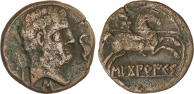 As. 120-30 a.C. SECOBIRICES (SAELICES, Cuenca). Anv.: Cabeza masculina a derecha, delante delfín, detrás palma y debajo letra ibérica. Rev.: Jinete co...