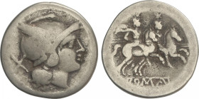Republic
Denario. 200-190 a.C. ANÓNIMA. SUR de ITALIA. Anv.: Cabeza de Roma con casco, detrás X. Rev.: Dióscuros a caballo a derecha, encima estrella...