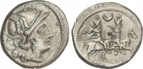 Republic
Denario. 208-206 a.C. ANÓNIMA. Anv.: Cabeza de Roma a derecha, detrás X. Rev.: Dióscuros a caballo a derecha, encima creciente entre estrell...