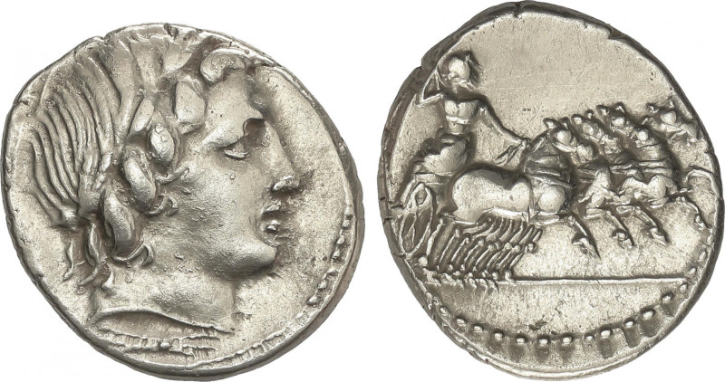 Republic
Denario. 86 a.C. ANÓNIMA. Anv.: Cabeza laureada de Apolo Vejovis a der...