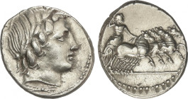 Republic
Denario. 86 a.C. ANÓNIMA. Anv.: Cabeza laureada de Apolo Vejovis a derecha. Rev.: Júpiter en cuadriga a derecha. 3,95 grs. AR. BMC-2622; Cal...