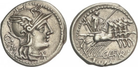 Republic
Denario. 134 a.C. ABURIA. C. Aburius Geminus. Anv.: Cabeza de Roma a derecha, delante *. Detrás: GEM. Rev.: Marte con arco, lanza y escudo e...