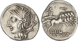 Republic
Denario. 104 a.C. APPULEIA. Lucius Appuleius Saturninus. Anv.: Cabeza de Roma a izquierda. Rev.: Saturno en cuadriga a derecha, encima F tum...