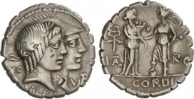 Republic
Denario. 70 a.C. FUFIA. Q. Fufius Calenus y Mucius Cordus. Anv.: Cabezas sobrepuestas de Honus y Virtus a derecha entre HO-VIRT., debajo KAL...