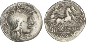 Republic
Quinario. 117-111 a.C. FULVIA. Cn. Fulvius, M. Calidius y Q. Metellus. Anv.: Cabeza de Roma a derecha, delante estrella, detrás ROMA. Rev.: ...