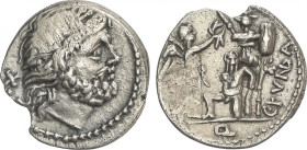 Republic
Quinario. 101 a.C. FUNDANIA-2. C. Fundanius. Anv.: Cabeza de Júpiter a derecha, detrás X. Rev.: Victoria en pie a derecha coronando un trofe...