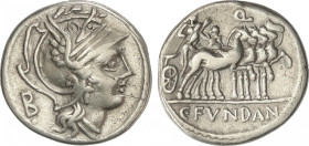 Republic
Denario. 101 a.C. FUNDANIA. C. Fundanius. Anv.: Cabeza de Roma a derecha, detrás letra B. Rev.: Marius con cetro y rama de laurel en cuadrig...