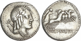 Republic
Denario. 85 a.C. JULIA. L. Julius Bursio. Anv.: Cabeza de Apolo Vejovis a derecha, detrás símbolo y tridente. Rev.: Victoria en cuadriga a d...