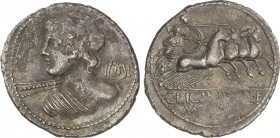 Republic
Denario. 84 a.C. LICINIA. C. Licinius L.f. Macer. Anv.: Cabeza diademada de Apolo Vejovis a izquierda. Rev.: Minerva en cuadriga a derecha. ...
