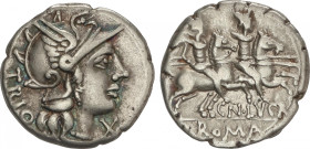 Republic
Denario. 136 a.C. LUCRETIA. Cnaeus Lucretius Trio. Anv.: Cabeza de Roma a derecha, entre TRIO y X. Rev.: Dióscuros a caballo a derecha, enci...