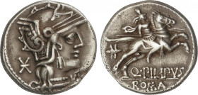 Republic
Denario. 129 a.C. MARCIA. Q. Marcius Philipus. Anv.: Cabeza de Roma a derecha, detrás *. Rev.: Jinete a derecha, detrás yelmo macedonio, deb...