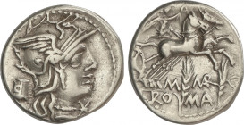 Republic
Denario. 148 a.C. MARCIA. M. Marcius Mn. F. Anv.: Cabeza de Roma a derecha entre modius y *. Rev.: Victoria en biga a derecha, debajo dos es...