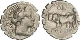 Republic
Denario. 81 a.C. MARIA. C. Marius C.f. Capito. Anv.: Cabeza laureada de Ceres a derecha, encima número CIIII, delante símbolo, detrás CAPIT....