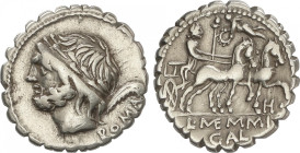 Republic
Denario. 106 a.C. MEMMIA. L. Memmius L.f. Galeria. Anv.: Cabeza laureada de Saturno a izquierda, detrás guadaña y ROMA. Rev.: Venus con cetr...