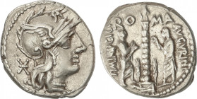 Republic
Denario. 134 a.C. MINUCIA. Ti. Minucius Augurinus. Anv.: Cabeza de Roma a derecha, detrás X. Rev.: Columna surmontada por una estatua, a cad...