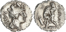 Republic
Denario. 80 a.C. POBLICIA. C. Poblicius Q.f. Anv.: Cabeza de Roma a derecha, encima letra M, detrás ROMA. Rev.: Hércules a izquierda estrang...