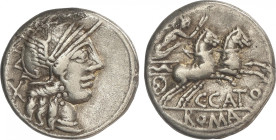 Republic
Denario. 123 a.C. PORCIA. C. Porcius Cato. Anv.: Cabeza de Roma a derecha, detrás X. Rev.: Victoria en biga a derecha, debajo C. CATO. En ex...