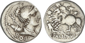 Republic
Denario. 96 a.C. POSTUMIA. Aulus Postumius Albinus. Anv.: Busto de Diana a derecha con arco y carcaj sobre el hombro, debajo ROMA. Rev.: Tre...