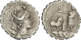 Republic
Denario. 81 a.C. POSTUMIA. A. Postumius A. f. Sp. n. Albinus. Anv.: Busto de Diana a derecha, encima cabeza de toro, detrás arco y carcaj. R...