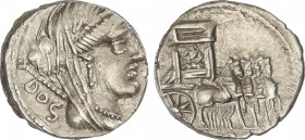 Republic
Denario. 87 a.C. RUBRIA. L. Rubrius Dossenus. Anv.: Cabeza velada de Juno a derecha, detrás DOS. Rev.: Carro triunfal a derecha encima Victo...
