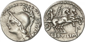 Republic
Denario. 100 a.C. SERVILIA. P. Servilius M.f. Rullus. Anv.: Cabeza de Minerva a izquierda, detrás RVLLI. Rev.: Victoria con palma en biga a ...