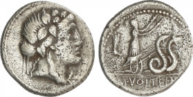 Republic
Denario. 78 a.C. VOLTEIA. M. Volteius M.f. Anv.: Cabeza de Baco a derecha. Rev.: Ceres con dos antorchas en biga arrastrada por serpientes a...