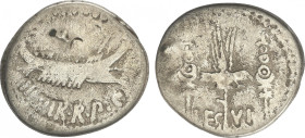 Empire
Denario. 32-31 a.C. MARCO ANTONIO. CECA VOLANTE. Anv.: (ANT. AVG.) III. VIR. R.P.C. Galera pretoriana a derecha. Rev.: LEG. VI. Águila legiona...