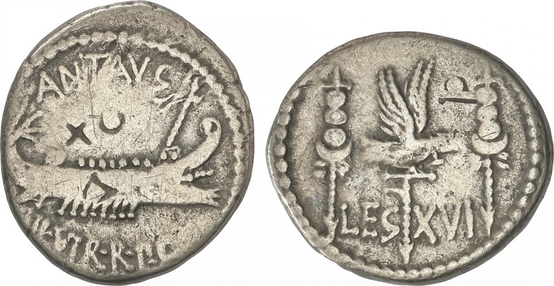 Empire
Denario. 32-31 a.C. MARCO ANTONIO. CECA VOLANTE. Anv.: ANT. AVG. III. VI...