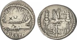 Empire
Denario. 32-31 a.C. MARCO ANTONIO. CECA VOLANTE. Anv.: ANT. AVG. III. VIR. R.P.C. Galera Pretoriana a derecha. Rev.: LEG. XVI. Águila legionar...