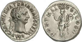 Empire
Denario. 98-99 d.C. TRAJANO. Anv.: IMP. CAES. NERVA. TRAIAN. AVG. GERM. Cabeza laureada de Trajano a derecha. Rev.: PONT. MAX. TR. POT. COS. I...