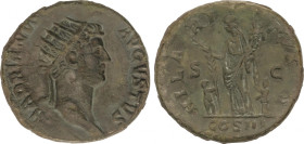 Empire
Dupondio. 117-138 d.C. ADRIANO. Anv.: HADRIANVS AVGVSTVS P. P. Cabeza radiada a derecha. Rev.: HILARITAS P. R. COS. III S. C. Hilaridad en pie...