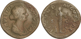 Empire
Sestercio. 175 d.C. FAUSTINA HIJA. Anv.: FAVSTINA AVGVSTA. Busto a derecha. Rev.: FECVND. AVGVSTAE S. C. Fecundidad en pie a izquierda con niñ...