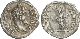 Empire
Denario. 201-210 d.C. SEPTIMIO SEVERO. Anv.: SEVERVS PIVS AVG. Su cabeza laureada. Rev.: P. M. TR. P. XIII COS. III P. P. Roma en traje milita...