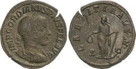 Empire
Sestercio. 241-243 d.C. GORDIANO III. Anv.: IMP. GORDIANVS PIVS FEL. AVG. Busto laureado a derecha. Rev.: LAETITIA AVG N. S. C. Alegría estant...