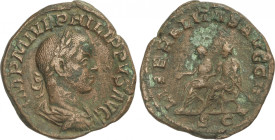 Empire
Sestercio. 246-249 d.C. FILIPO II. Anv.: IMP.M.IVL. PHILIPPVS AVG. Busto laureado a derecha. Rev.: LIBERALITAS AVGG.III.S.C. Filipo I y II sen...