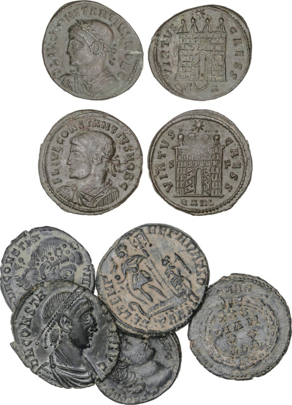 Empire
Lote 7 monedas Medio Centenional (5) y Follis 19 mm (2). 329-348 d.C. CO...