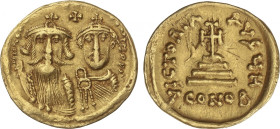 Solido. 610-641 d.C. HERACLIO. CONSTANTINOPLA. Anv.: dd. NN.( hERACLIVS Et hERA). CONSt. (PP. AVG). Cruz en el campo. Bustos de Heraclio y Heraclio Co...
