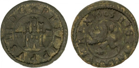 Philip III
2 Maravedís. 1603. SEGOVIA. 1,22 grs. Pátina verde. AC-185. MBC.