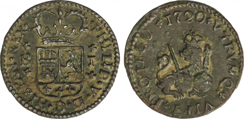 Philip V
1 Maravedí. 1720. BARCELONA. 2,01 grs. Pátina verde. AC-45. MBC.