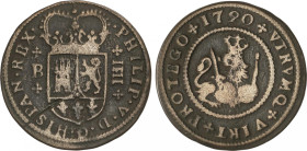 Philip V
4 Maravedís. 1720. BARCELONA. 7,71 grs. AC-84. MBC-.