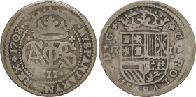 Charles III, Pretender
2 Reales. 1708. BARCELONA. 4,14 grs. AC-29. MBC-.