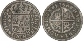 Ferdinand VI
2 Reales. 1758. SEVILLA. J.V. 5,45 grs. (Algo alabeada por golpe). Pátina. AC-343. MBC.